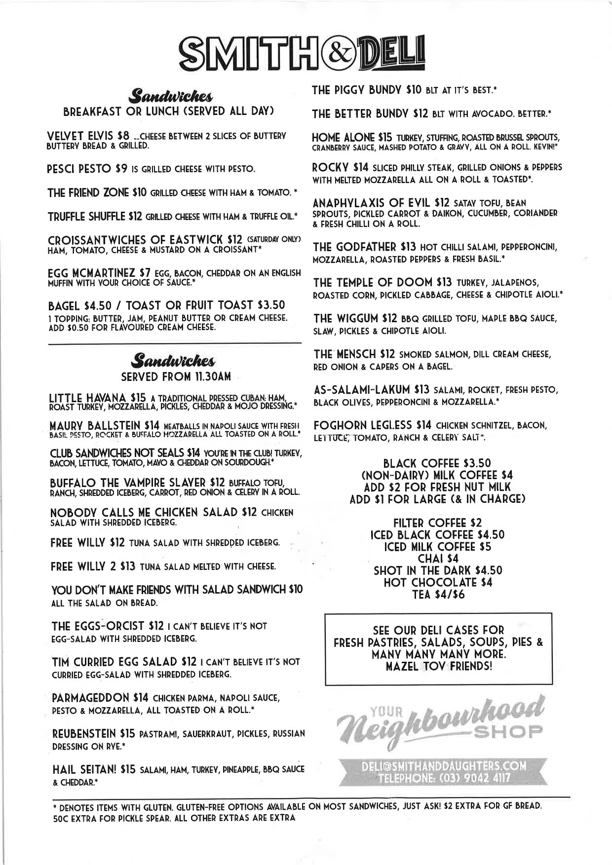 Smith and Deli menu Fat Gay Vegan
